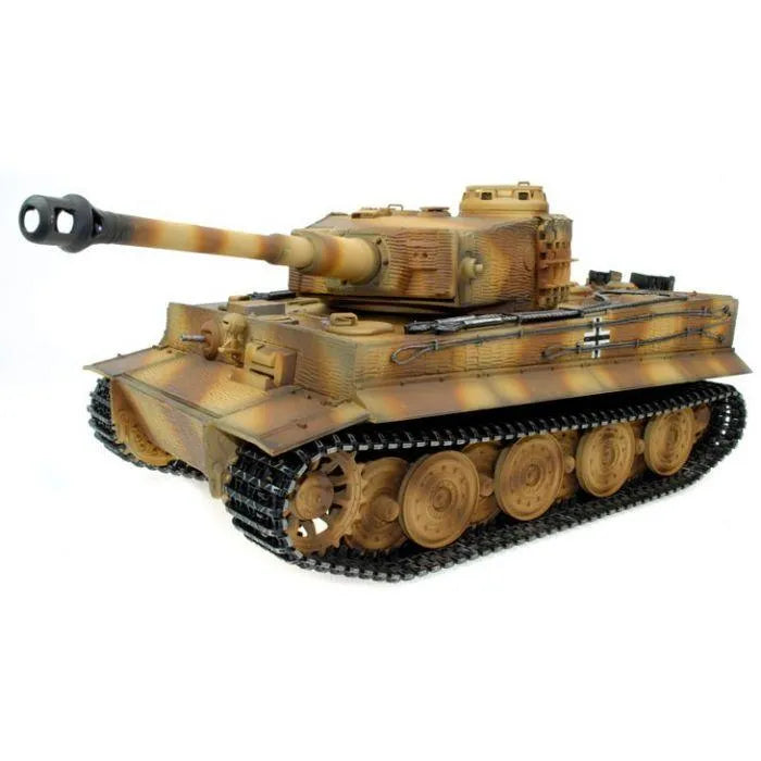 1/16 scale RC Tiger tank model with camouflage paint and detailed tracks on white background
