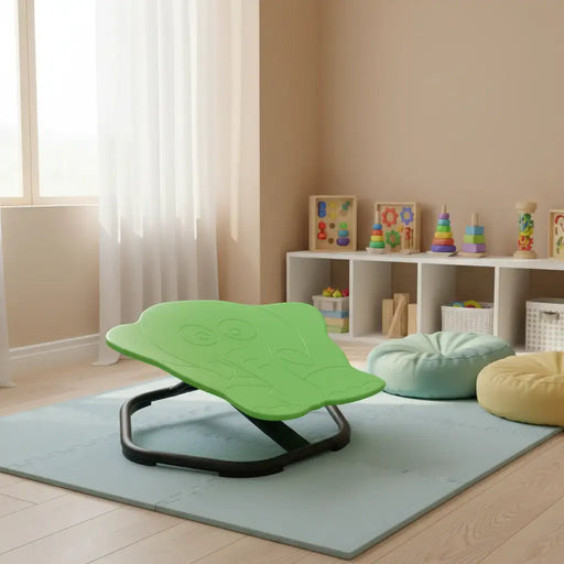 Green wobble chair with black base in  a plush playroom