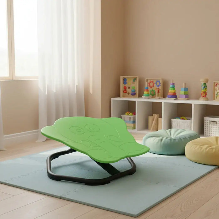 Green wobble chair with black base in  a plush playroom
