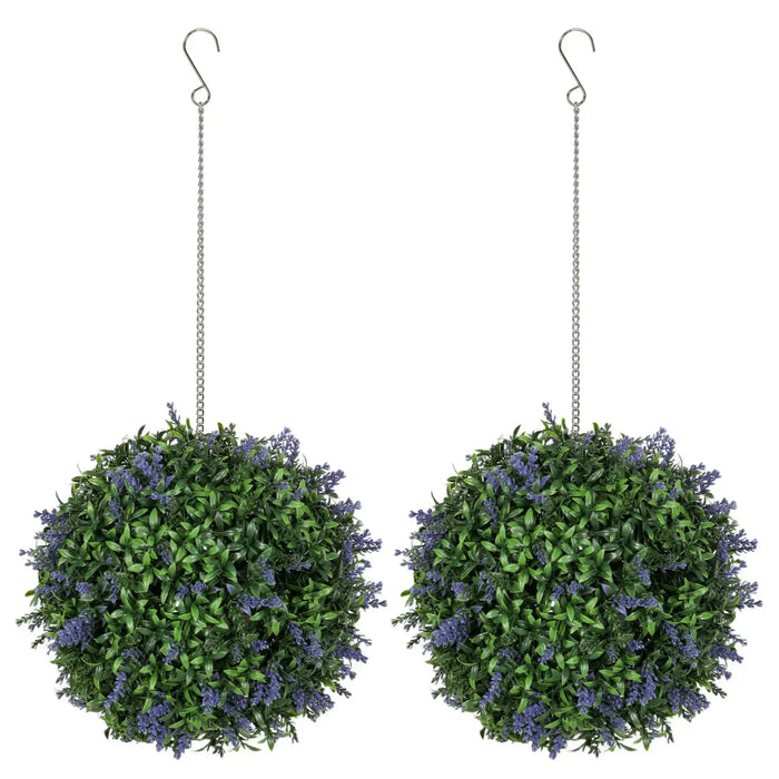 Two artificial hanging plant balls with green leaves and purple flowers on a white background
