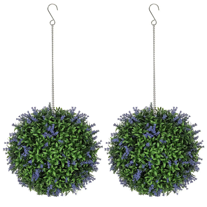 Two artificial hanging plant balls with green leaves and purple flowers on a white background