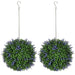 Two artificial hanging plant balls with green leaves and purple flowers on a white background