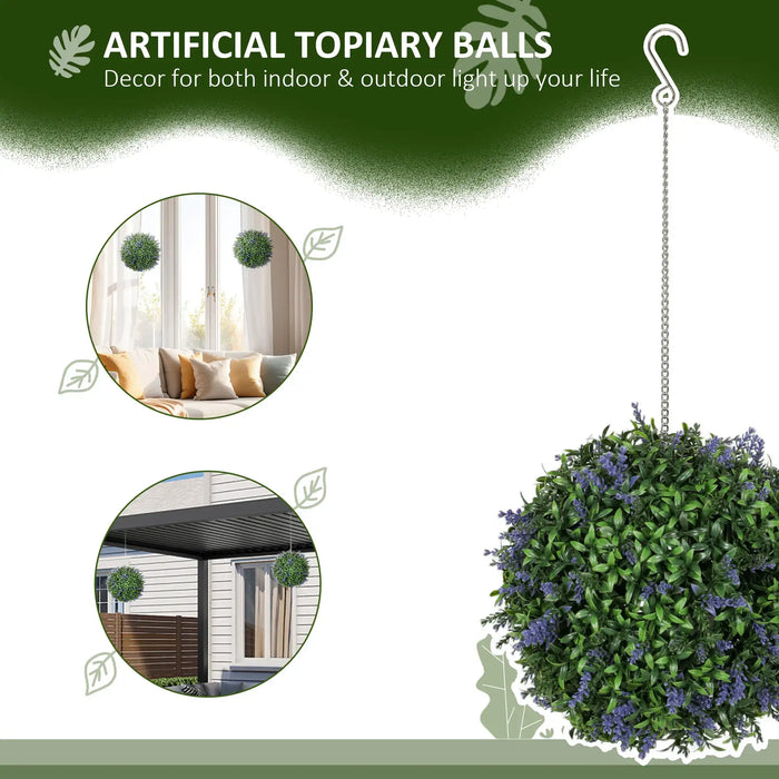 Artificial topiary balls with decorative text and usage examples on a green background