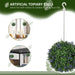 Artificial topiary balls with decorative text and usage examples on a green background