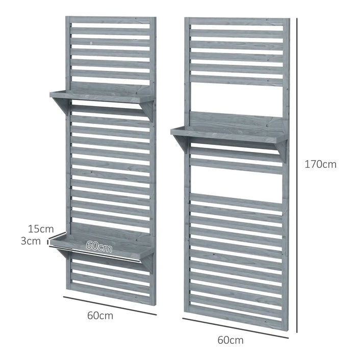 Set of 2 grey wooden wall-mounted plant stands with trellis and shelves, 170cm tall and 60cm wide