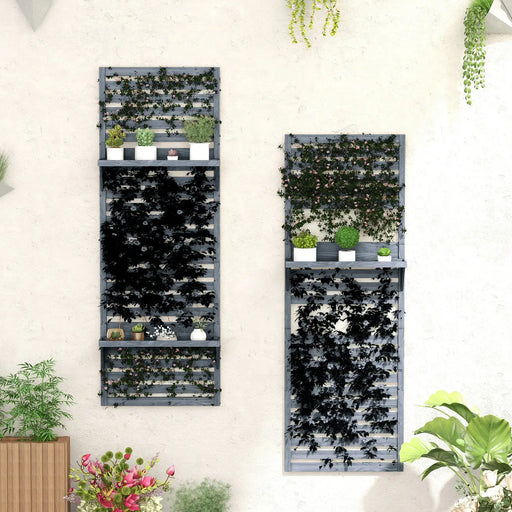 Set of 2 grey wooden wall-mounted plant stands with trellis and shelves holding small potted plants