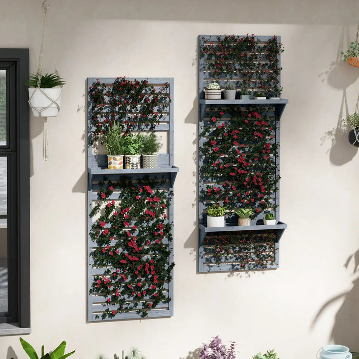 Set of 2 grey wooden wall-mounted plant stands with trellis, decorated with red flowers and small potted plants