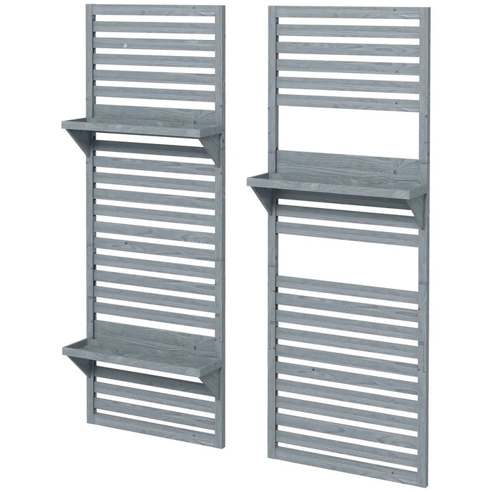 Set of 2 grey wooden wall-mounted plant stands with trellis and shelves for vertical garden display