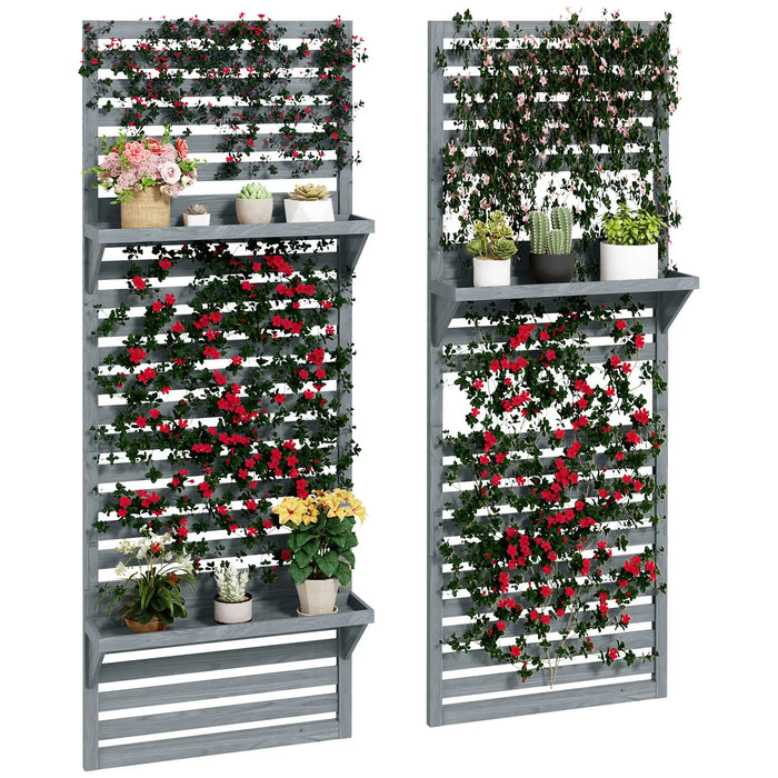 Set of 2 grey wooden wall-mounted plant stands with trellis, decorated with climbing red and pink flowers and assorted potted plants