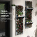 Set of 2 grey wooden wall-mounted plant stands with trellis and shelves holding potted plants and flowers