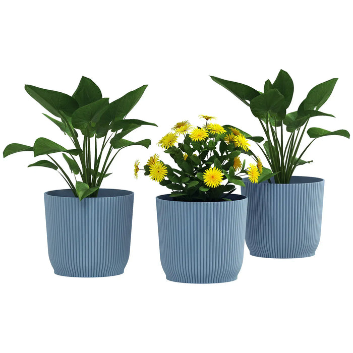 Set of three blue ribbed stackable plant pots with green leafy plants and yellow flowers, indoor and outdoor use