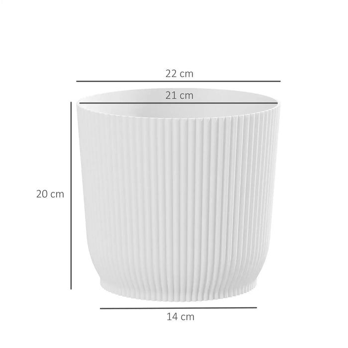 White stackable plastic plant pot with vertical ridges, 20cm tall, 22cm top diameter, 14cm base