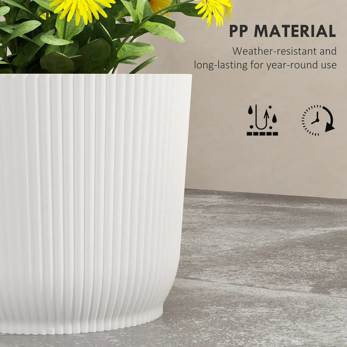 Close-up of white ribbed plastic planter pot with yellow flowers, weather-resistant and durable