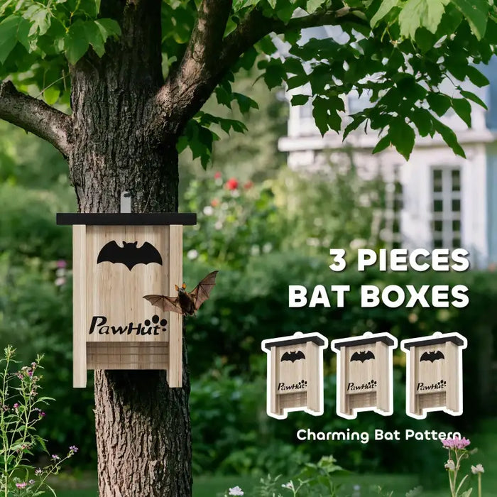 Set of 3 Wooden Bat Houses with Landing Pads | Outdoor Bat Boxes for Gardens PAWHUT - Little and Giant Explorers PawHut