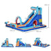Shark-themed inflatable water park with slide, climbing wall, pool, and water gun, 440x350x240 cm.