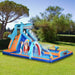 Shark-themed inflatable water park with slide, climbing wall, pool, and water gun outdoors