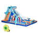 Shark-themed inflatable water park with slides, climbing wall, pool, kids playing, and water gun