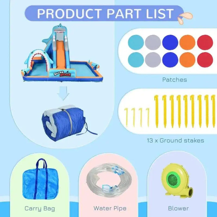 Shark-themed inflatable water park set with slide, pool, climbing wall, blower, patches, stakes, water pipe, and carry bag.