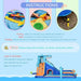 Shark-themed inflatable water park with slide, climbing wall, pool, and setup instructions