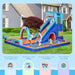 Shark-themed inflatable water park with slide, climbing wall, pool, and water gun in backyard