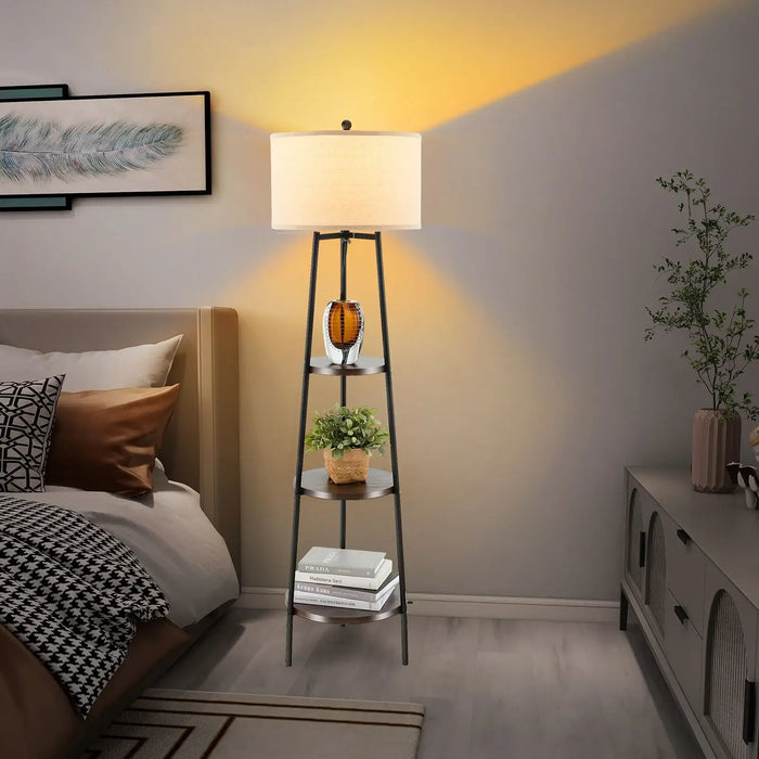 Tall floor lamp with shelves in a bedroom setting