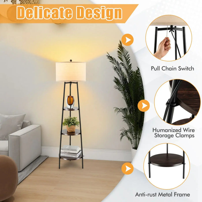 Floor lamp with decorative shelves in a living room setting, featuring pull chain switch, wire storage clamps, and anti-rust metal frame.