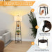 Floor lamp with decorative shelves in a living room setting, featuring pull chain switch, wire storage clamps, and anti-rust metal frame.