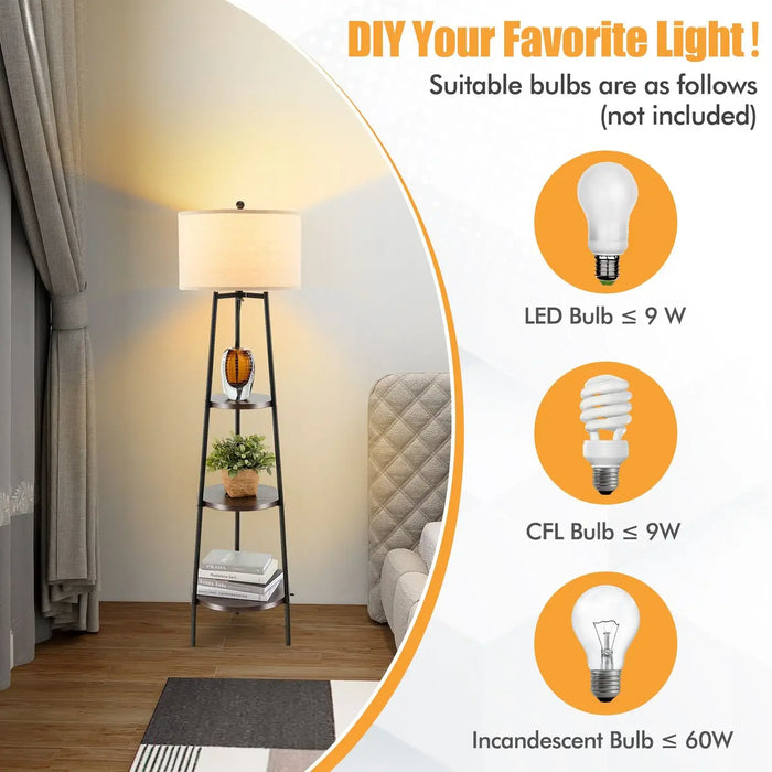 Room interior with a floor lamp and light bulb options displayed.