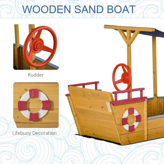 Wooden sand boat sandbox with red rudder and lifebuoy decoration, nautical design