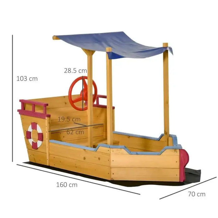 Wooden ship sandbox with adjustable blue canopy, red play steering wheel, storage bench, maritime design, and visible dimensions.