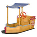 Wooden ship sandbox with blue canopy, red steering wheel, and bench seat for kids