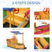 Wooden ship sandbox with blue canopy, red steering wheel, storage bench, handrails, and life rings