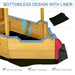 Ship-shaped wooden sandbox with liner, adjustable canopy, and storage bench features.
