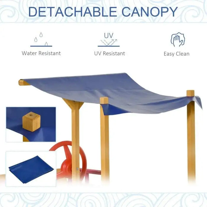 Blue detachable canopy on wooden frame, labeled water resistant, UV resistant, easy clean