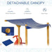 Blue detachable canopy on wooden frame, labeled water resistant, UV resistant, easy clean