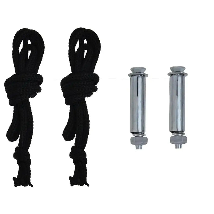 Black ropes and two metal mounting anchors for side awning installation kit
