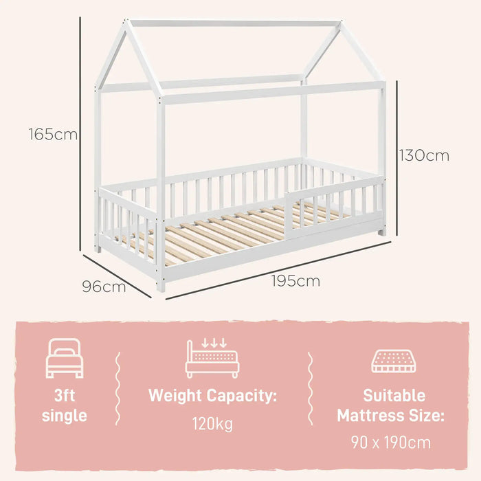 House-Shaped Kids Bed Frame with Safety Fence in White - Little and Giant Explorers HOMCOM