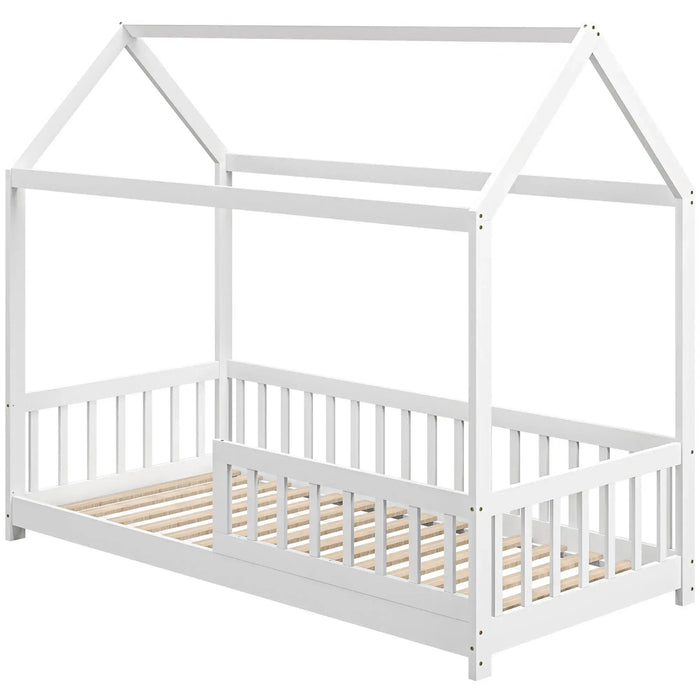 House-Shaped Kids Bed Frame with Safety Fence in White - Little and Giant Explorers HOMCOM