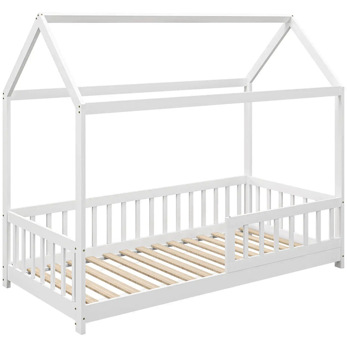 House-Shaped Kids Bed Frame with Safety Fence in White - Little and Giant Explorers HOMCOM