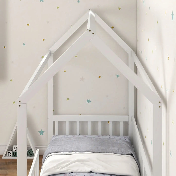 House-Shaped Kids Bed Frame with Safety Fence in White - Little and Giant Explorers HOMCOM