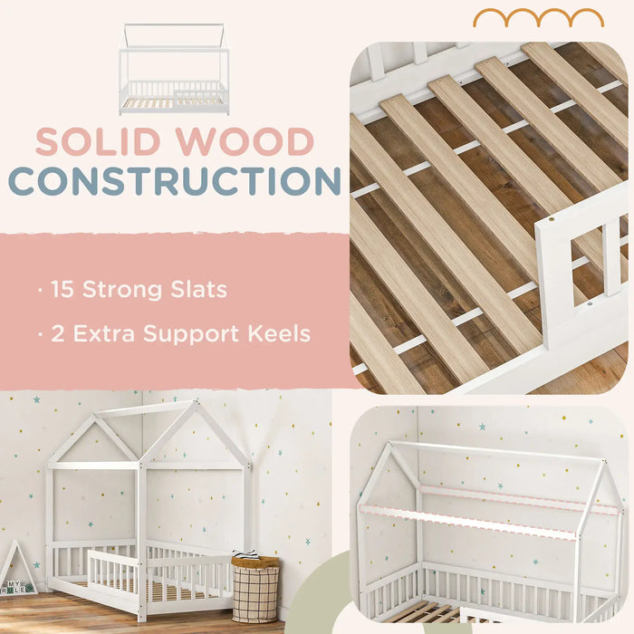 House-Shaped Kids Bed Frame with Safety Fence in White - Little and Giant Explorers HOMCOM