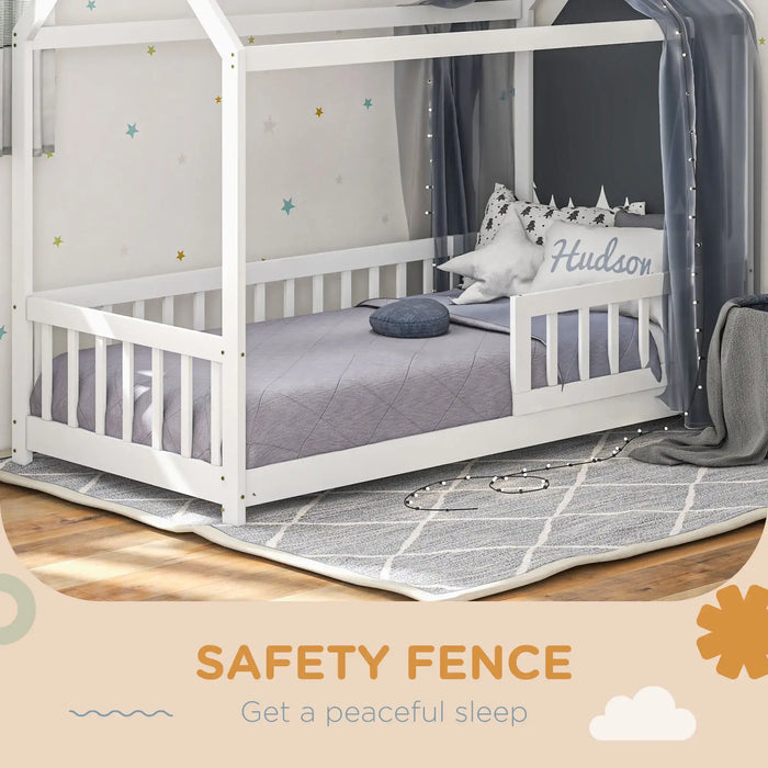 House-Shaped Kids Bed Frame with Safety Fence in White - Little and Giant Explorers HOMCOM