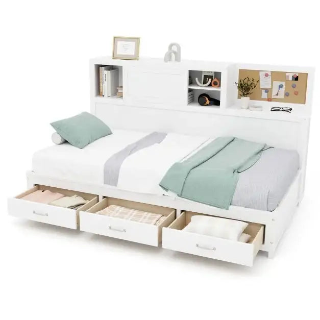 Single Daybed Frame 198x119cm | 3 Hidden Storage Drawers with Sideboard and Cork Board - Little and Giant Explorers Costway