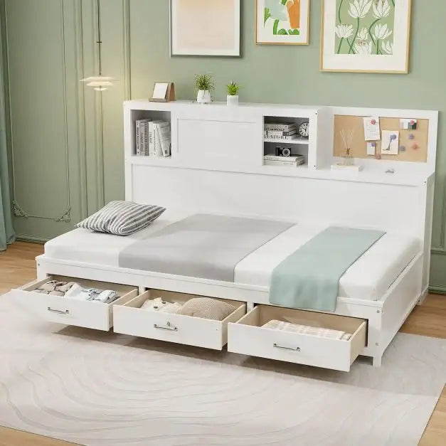 Single Daybed Frame 198x119cm | 3 Hidden Storage Drawers with Sideboard and Cork Board - Little and Giant Explorers Costway
