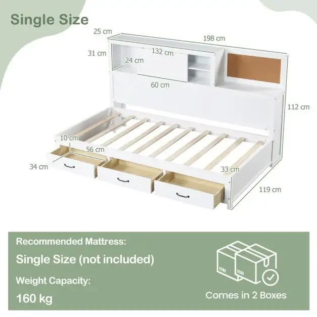 Single Daybed Frame 198x119cm | 3 Hidden Storage Drawers with Sideboard and Cork Board - Little and Giant Explorers Costway