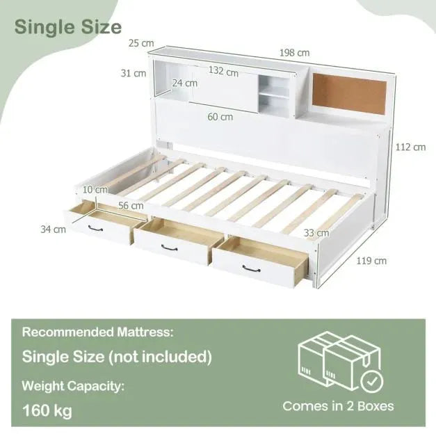 Single Daybed Frame with 3 Storage Drawers (91 x 191cm) - Little and Giant Explorers Costway