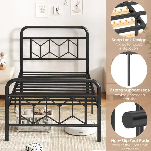 Single Metal Bed Frame – Black Graphic Design with 3D Effect | COSTWAY - Little and Giant Explorers Costway
