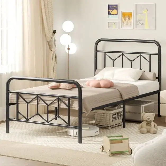 Single Metal Bed Frame – Black Graphic Design with 3D Effect | COSTWAY - Little and Giant Explorers Costway