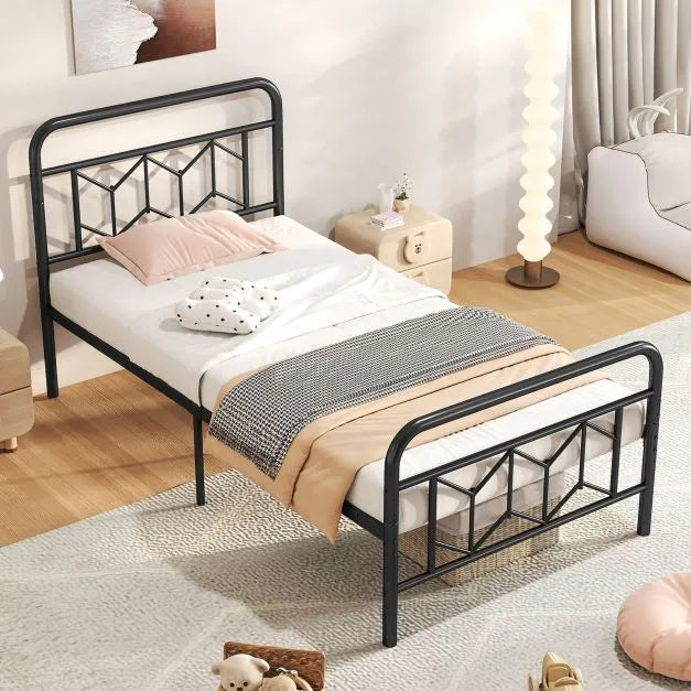 Single Metal Bed Frame – Black Graphic Design with 3D Effect | COSTWAY - Little and Giant Explorers Costway