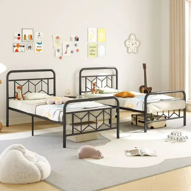 Single Metal Bed Frame – Black Graphic Design with 3D Effect | COSTWAY - Little and Giant Explorers Costway
